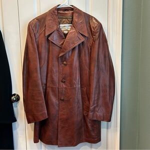 Vintage Cabretta by Grais Men's Cognac Leather Coat Size 44R Removable Liner